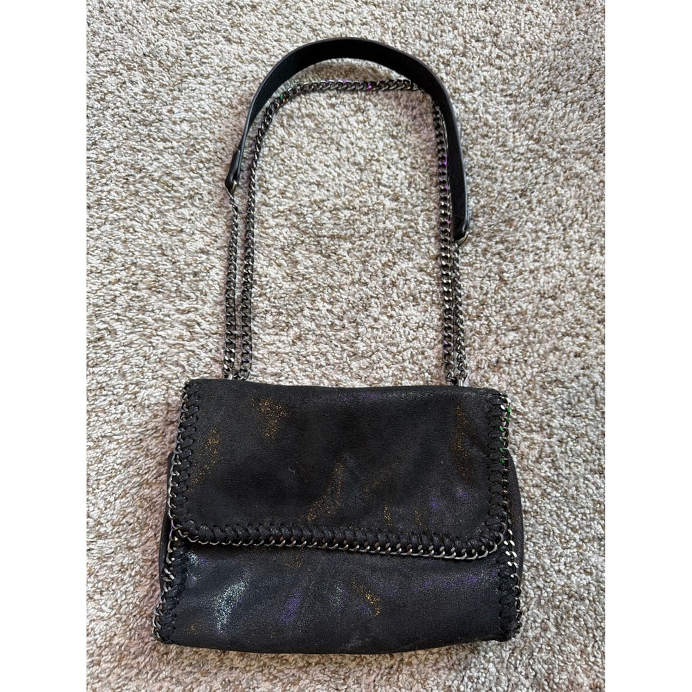 Black Iridescent Shimmer Crossbody Bag Gunmetal Chain Whipstitch Trim Shoulder - Picture 1 of 8